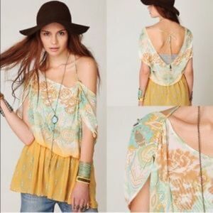 Free People Semi Sheer Boho Orange/Blue Top‎ Sz XS
